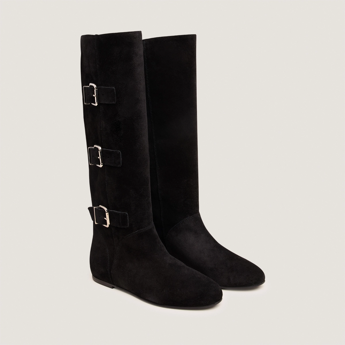 High Boots with Straps in black split leather | DEUZIO