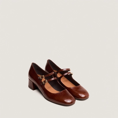 Mary janes with double straps in shiny brown leather | duny