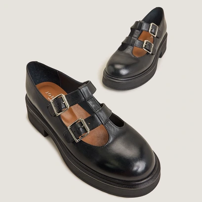 Platform mary janes with double straps in black leather | dursula