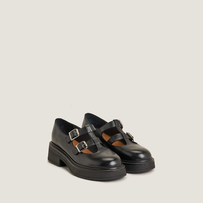 Platform mary janes with double straps in black leather | dursula