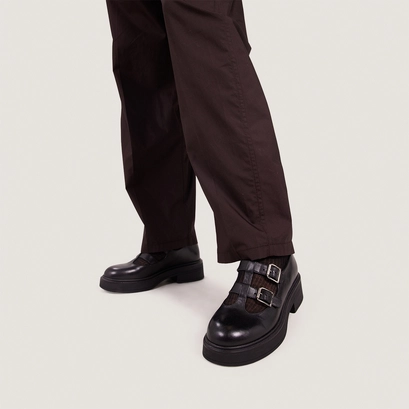 Platform mary janes with double straps in black leather | dursula