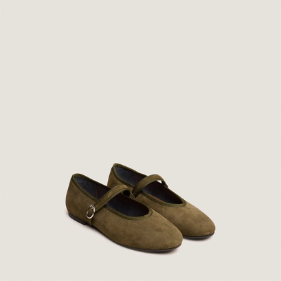 Ballet flats with straps and adjustable buckles in khaki velvet | deesse