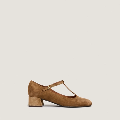 T-strap kitten heels in cognac suede | dalome