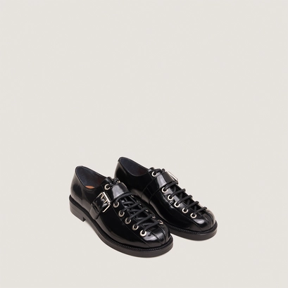 Buckle derbies in black glazed leather | dalix