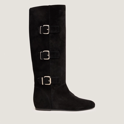 High boots with straps in black split leather | deuzio