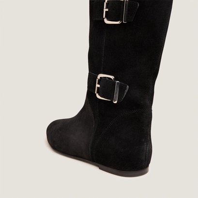 High boots with straps in black split leather | deuzio