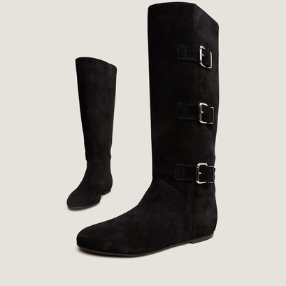 High boots with straps in black split leather | deuzio