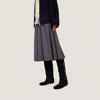 High boots with straps in black split leather | deuzio