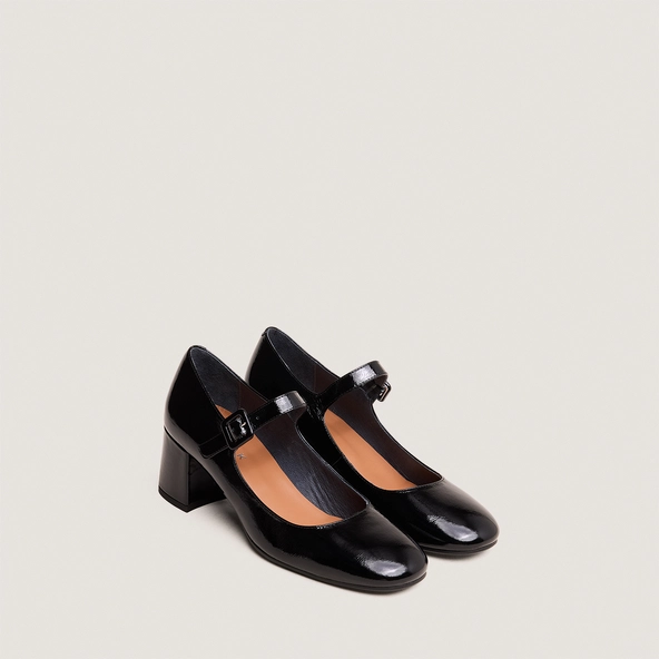 Heeled Mary Janes in pleated black patent leather | DITTUS