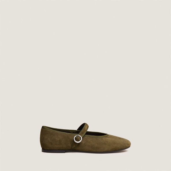 Ballet flats with straps and adjustable buckles in khaki velvet | DEESSE