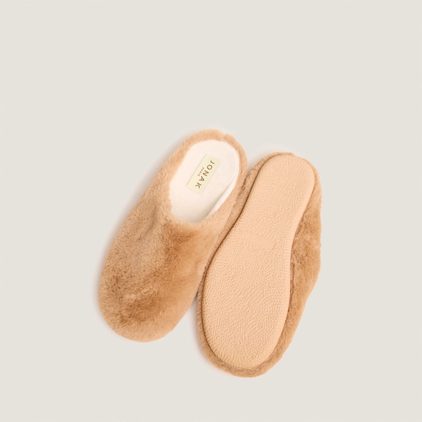 Slippers in camel fluffy fabric | JUDE