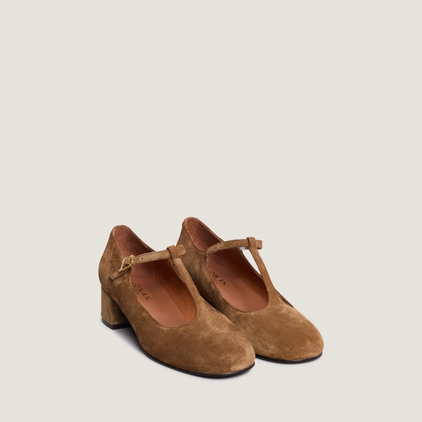 T-strap kitten heels in cognac suede | DALOME