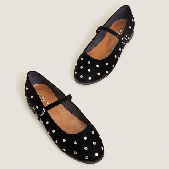 Ballet flats with studs in black velvet | DELIOTT