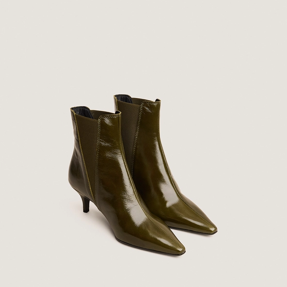Pointed-toe stiletto-heel ankle boots in khaki shiny leather | BORGIA