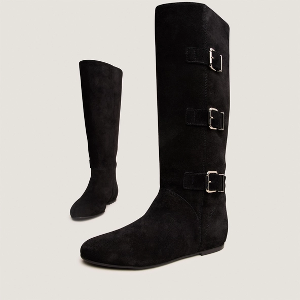 High Boots with Straps in black split leather | DEUZIO
