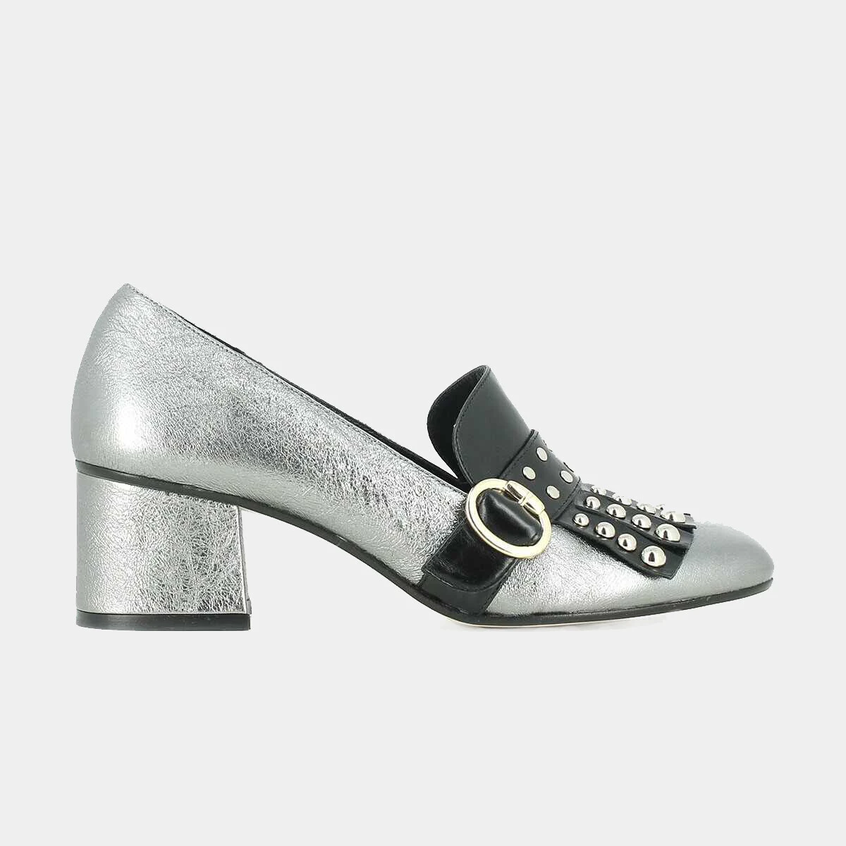 Metallic leather moccasins with fringed tab and cabochons | VICTOIRE