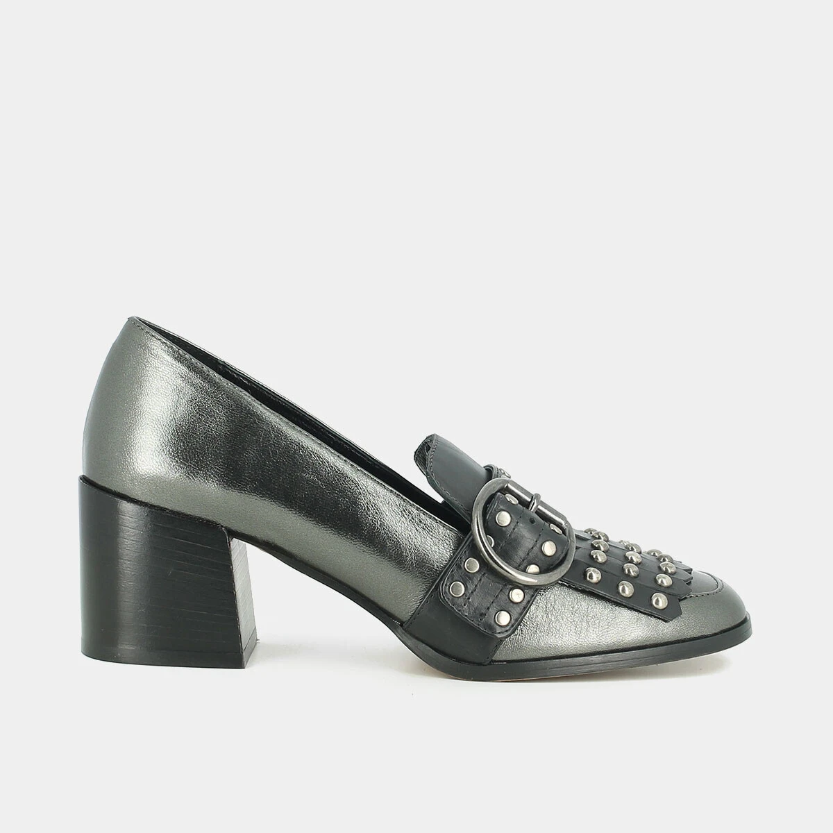 Heeled moccasins in steel metallic leather with fringed tab and cabochons | CHACHOU