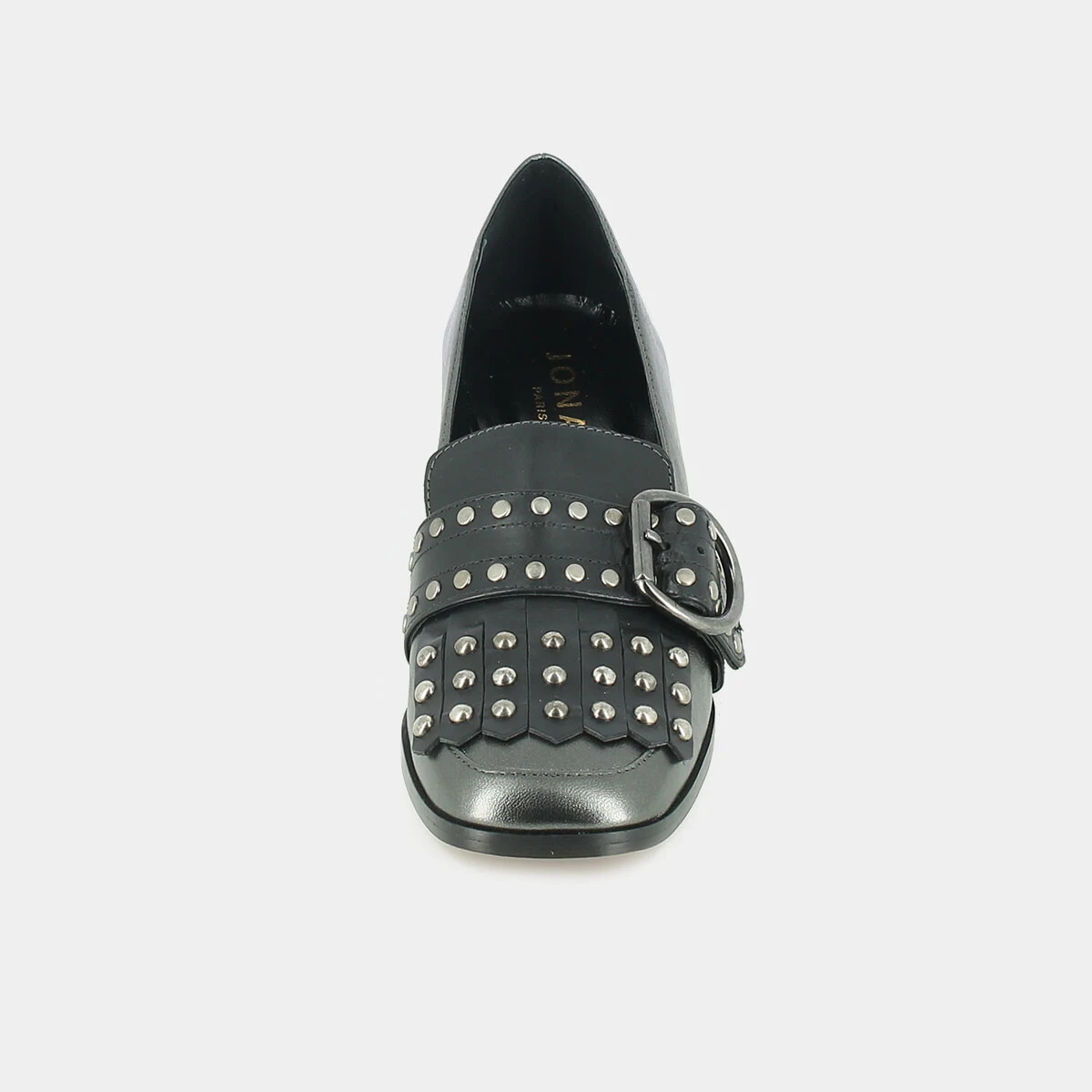 Heeled moccasins in steel metallic leather with fringed tab and cabochons | CHACHOU
