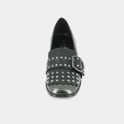 Heeled moccasins in steel metallic leather with fringed tab and cabochons | chachou