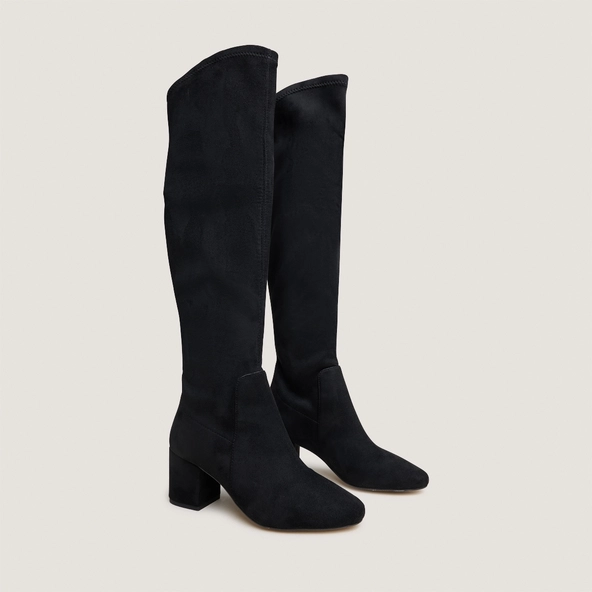 Thigh-high boots with low heels in black stretch and velvet | MIA