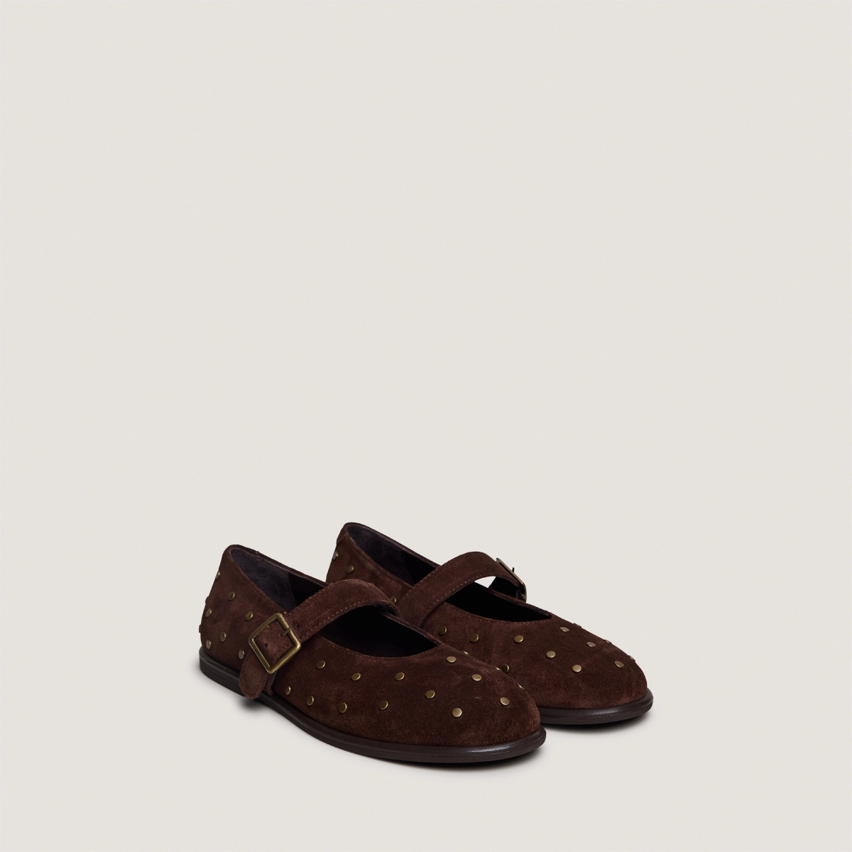 Ballet flats with buckles and studs in brown split leather | JOLIE