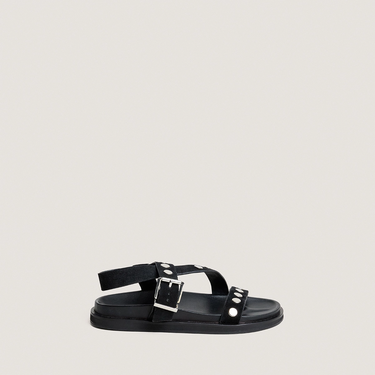 Wide-strap sandals with studs in black split leather | WIZARD