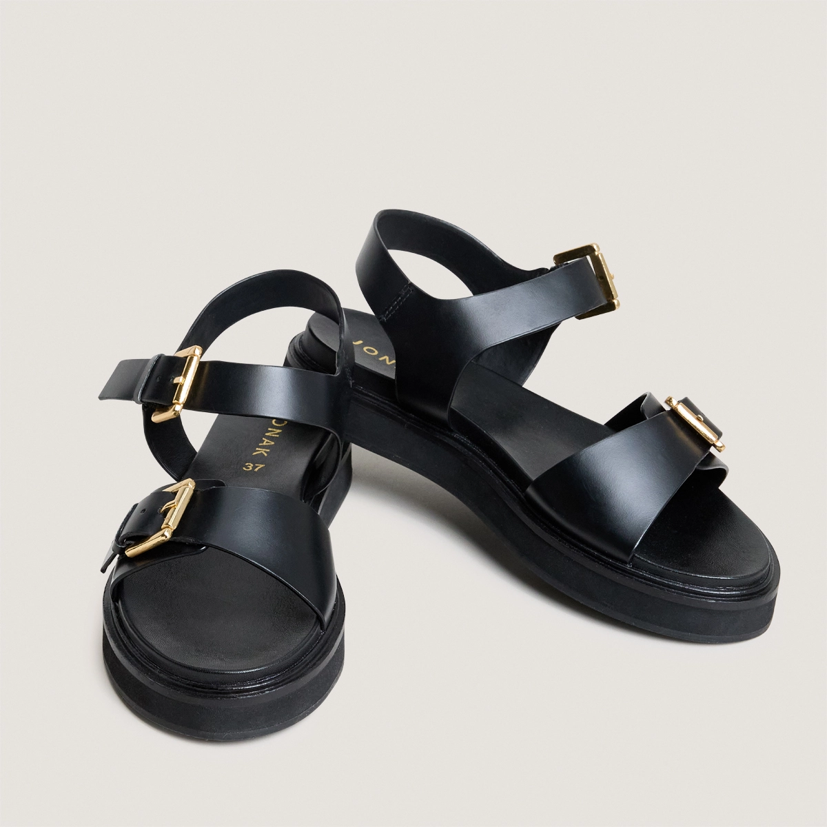 Double-strap sandals in black leather | WAF