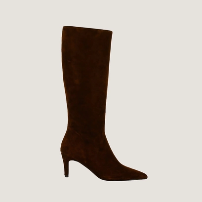 Thin-heeled pointed-toe boots in brown velvet | diema
