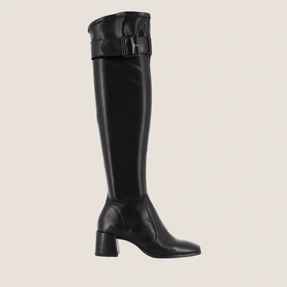 Heeled boots with buckles in black leather and black stretch | augustine