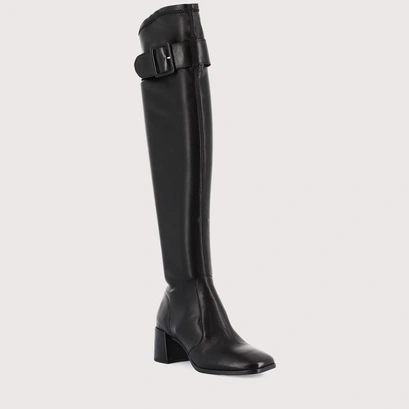 Heeled boots with buckles in black leather and black stretch | augustine