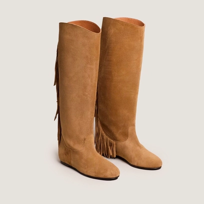 Fringed boots with round toes in dark beige suede | dalila