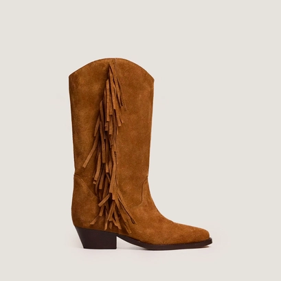 Fringed boots with beveled heels in cognac suede | defrange