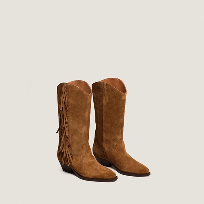 Fringed boots with beveled heels in cognac suede | defrange