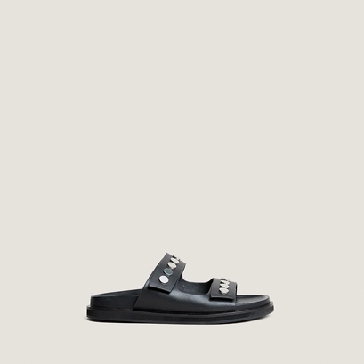 Double-strap mules in black leather | walo