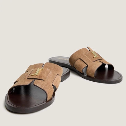 Sandals with monogram in taupe split leather | weil