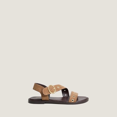 Wide-strap sandals in taupe split leather | wouf