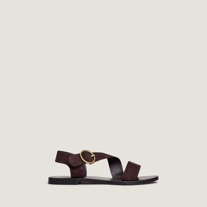 Wide-strap sandals with adjustable buckles in dark brown suede | welbi