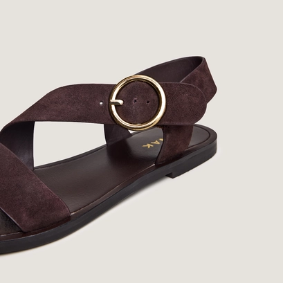 Wide-strap sandals with adjustable buckles in dark brown suede | welbi