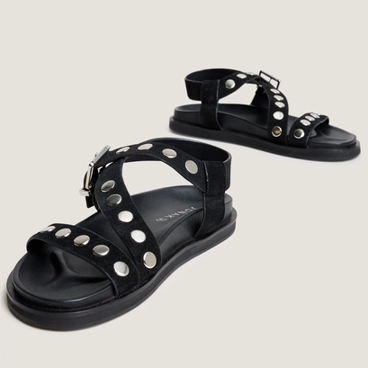 Wide-strap sandals with studs in black split leather | wizard