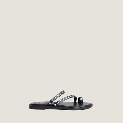 Flat sandals with thin straps in black leather | WICKET