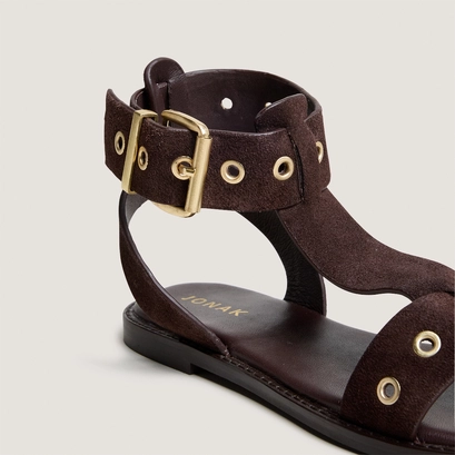 Structured ankle-strap sandals in dark brown split leather | wizz