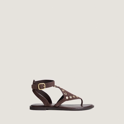 Structured toe-post sandals in dark brown split leather | woops