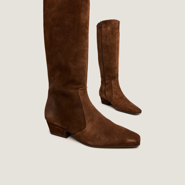 Beveled-Heel Boots in brown split leather | DOMIA