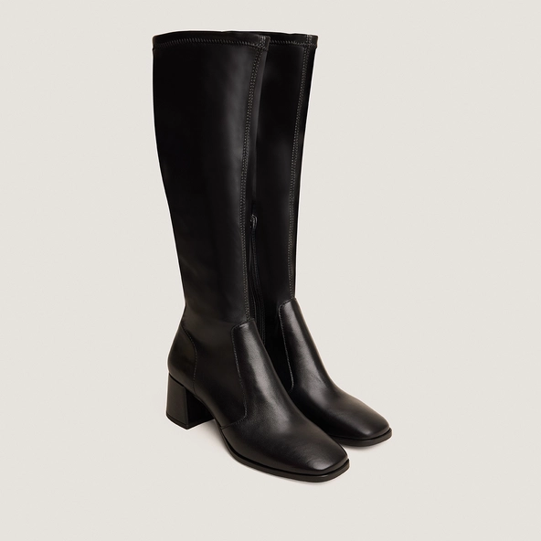 Heeled boots in black leather and black stretch | AUGUSTA