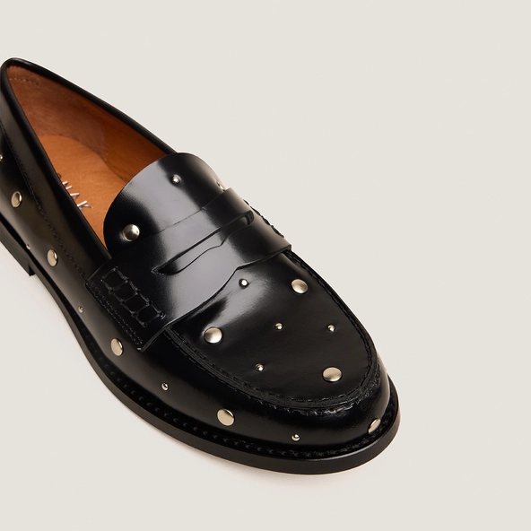 Loafers with studs in black glazed leather | ANDREW