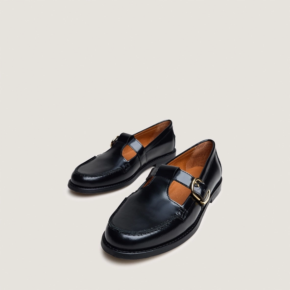 Loafers with adjustable buckles in black glossy leather | ARMANCE