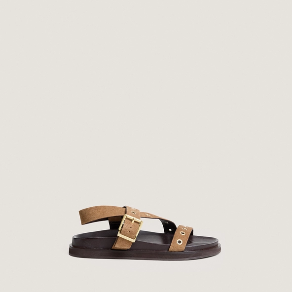 Strap sandals with eyelets in taupe split leather | WIZON