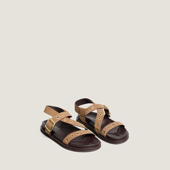 Strap sandals with eyelets in taupe split leather | WIZON