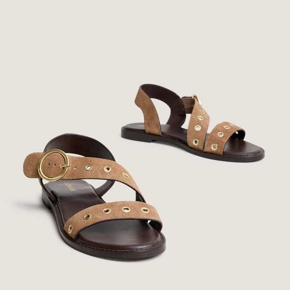 Wide-strap sandals in taupe split leather | WOUF