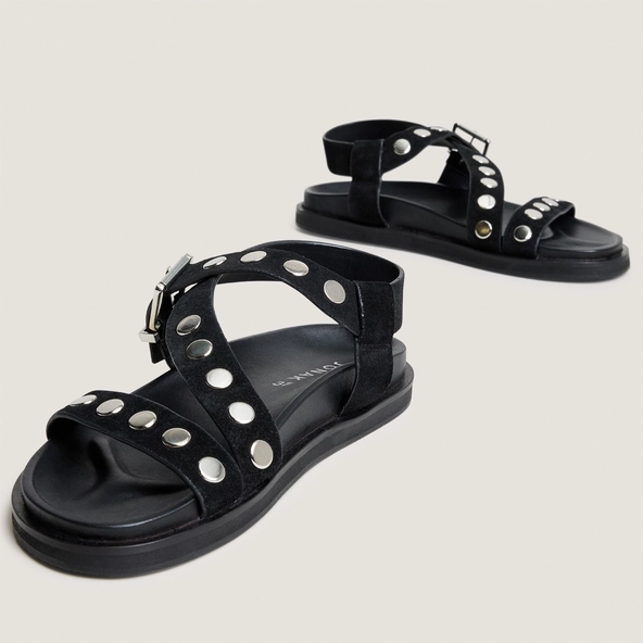 Wide-strap sandals with studs in black split leather | WIZARD